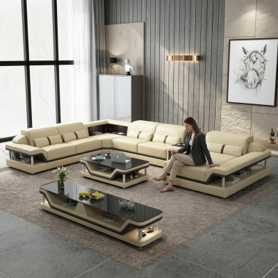Beige corner sofa with coffee table 2-piece. Living room leather sofa set corner suite table.
