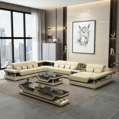 Beige corner sofa with coffee table 2-piece. Living room leather sofa set corner suite table.