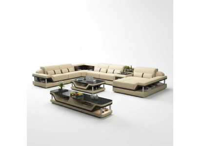 Beige corner sofa with coffee table 2-piece. Living room leather sofa set corner suite table.