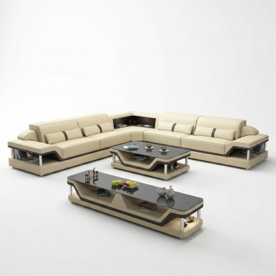Black sectional sofa with coffee table 3-piece. Living room leather sofa set corner suite table.