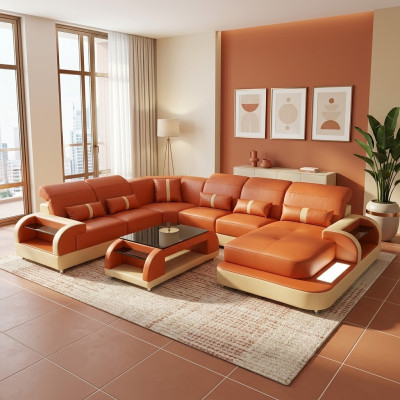 Living landscape U-shape leather sofa upholstered corner sofa couch leather textile USB new