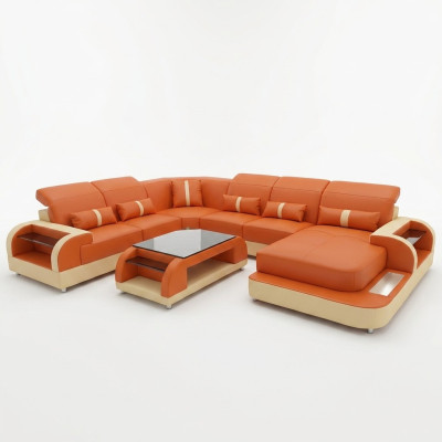 Living landscape U-shape leather sofa upholstered corner sofa couch leather textile USB new