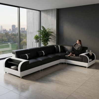 Leather sofa in L-shape, couch living landscape, corner sofa design set, modern sofa with USB