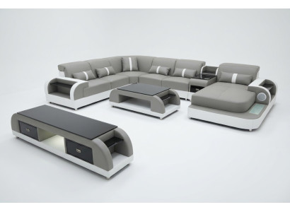 Set design living landscape corner sofa couch U-shaped coffee table leather 2-piece set