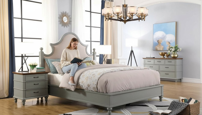 Bedroom set bed 2x bedside table console beds textile double hotel upholstery
