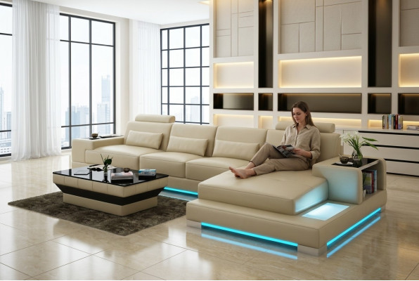 Leather sofa couch living landscape with USB, corner sofa, corner set, modern design sofa