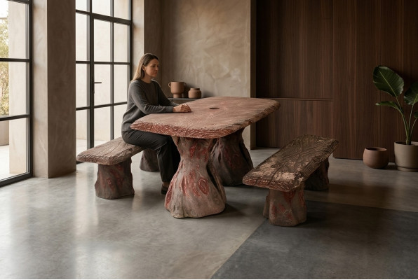 Garden furniture table with 2 benches stone wood set