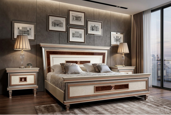 Bed with 2x nightstands 3-piece. Italian furniture bedroom beds wood new set