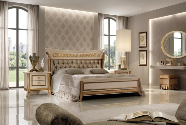 Classic designer wood bed, bedroom, noble upholstered furniture, double beds, new
