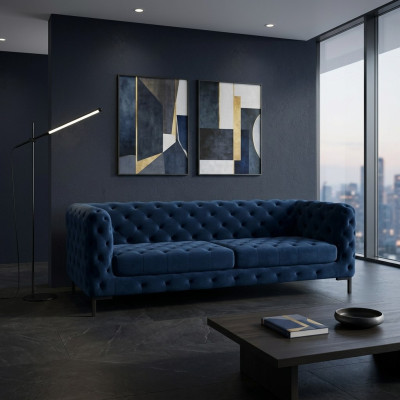 Stylish Blue Chesterfield 3-Seater Living Room Luxury Couch
