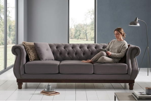 Gray Chesterfield Sofa Couch Upholstered Fabric Designer 3-Seater