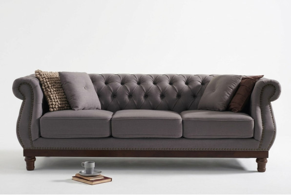 Gray Chesterfield Sofa Couch Upholstered Fabric Designer 3-Seater