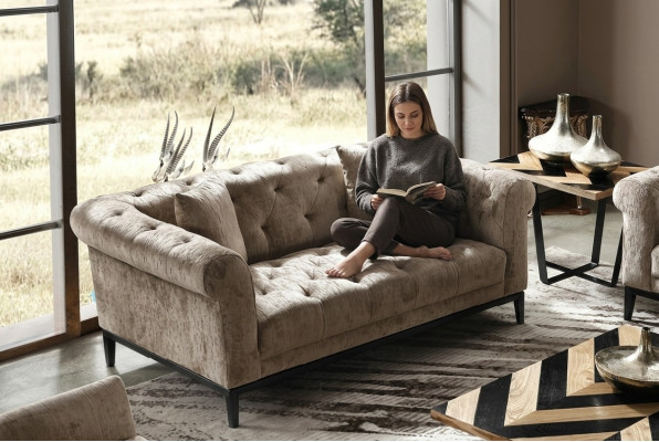 Cozy Beige Chesterfield Three-Seater Living Room Couch
