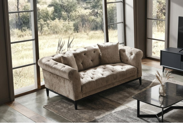Cozy Beige Chesterfield Three-Seater Living Room Couch