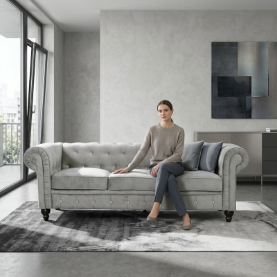 Gray Chesterfield 3-seater Luxury Living Room Couch Designer Sofa