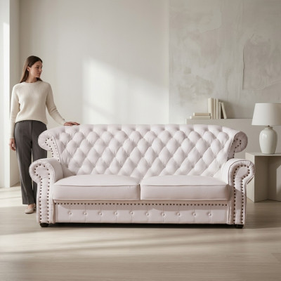 White three-seater Chesterfield high-back real handcrafted leather couch