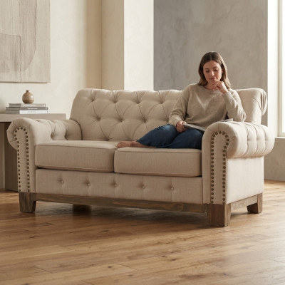 Chesterfield 2 Seat Classic Luxury Natural Wood Frame Sofa Textile Leather Couch