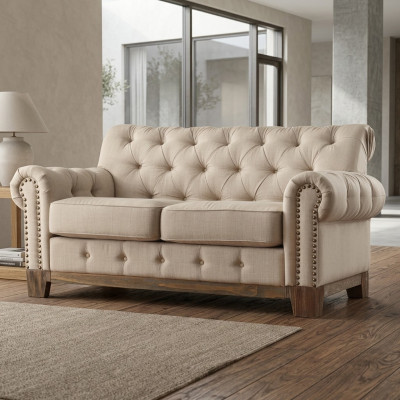 Chesterfield 2 Seat Classic Luxury Natural Wood Frame Sofa Textile Leather Couch