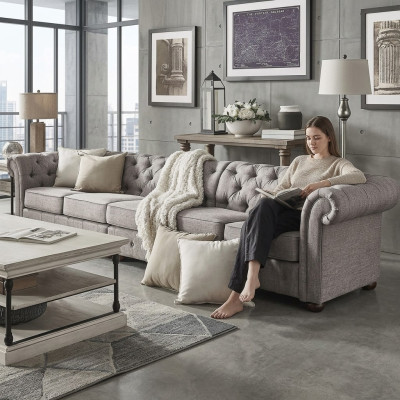 Chesterfield living room upholstery furniture sofa couch five-seater fabric