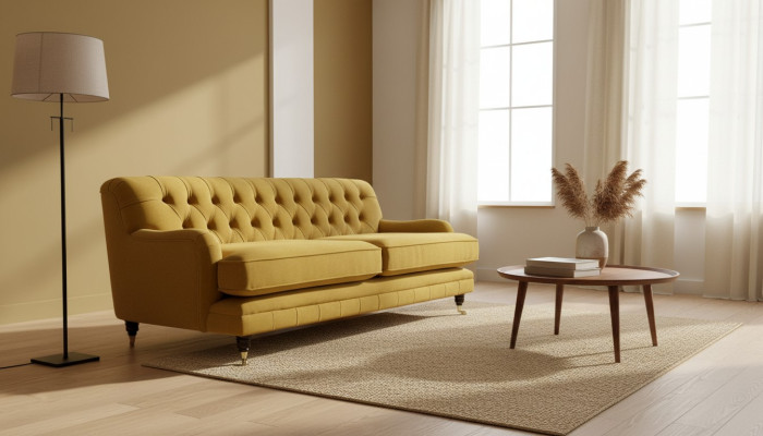 Yellow Chesterfield fabric upholstery three-seater living room couch design