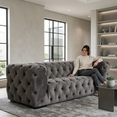 Gray Chesterfield Three-Seater Couch Upholstered Style Furniture