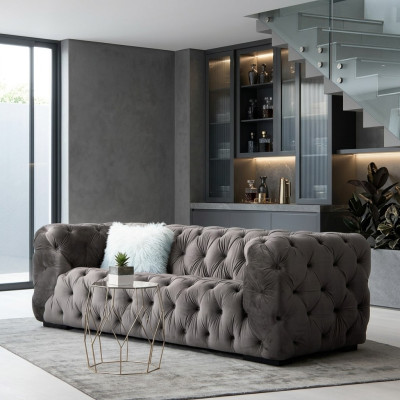 Gray Chesterfield Three-Seater Couch Upholstered Style Furniture