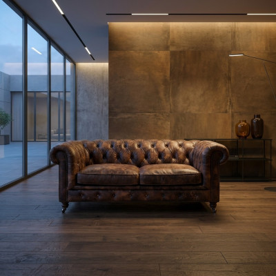 Brown Chesterfield Men's Club Sofa Couch Leather Upholstery Three-Seater