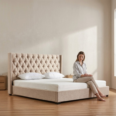 Beige bedroom beds upholstered bed Chesterfield textile fabric new