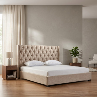 Beige bedroom beds upholstered bed Chesterfield textile fabric new