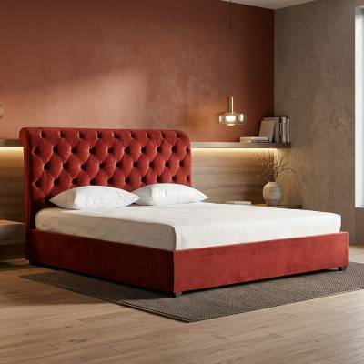 Royal red bedroom Chesterfield double bed upholstered luxury design.
