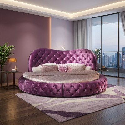 Round Chesterfield Design Bed Bedroom Textile Leather Upholstery Purple Round Luxury