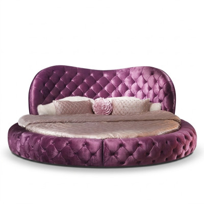 Round Chesterfield Design Bed Bedroom Textile Leather Upholstery Purple Round Luxury