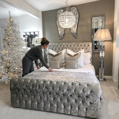 Chesterfield bed bedroom beds textile 180x200cm velvet big hotel gray new