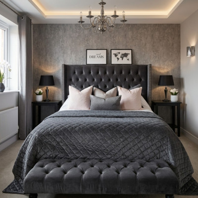 Large fabric bed Chesterfield design upholstered textile designer double beds