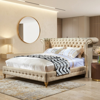 Chesterfield Design Upholstered English Double Bed Beige 140/160/180x200 cm