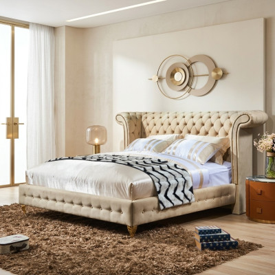 Classic bedroom bed beige textile leather upholstery double bed 180x200cm
