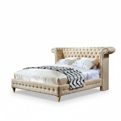 Classic bedroom bed beige textile leather upholstery double bed 180x200cm