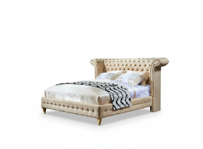 Classic bedroom bed beige textile leather upholstery double bed 180x200cm