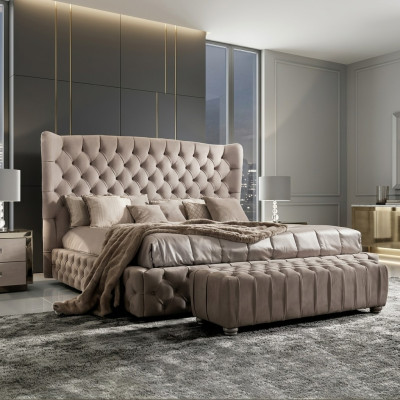 Genuine Chesterfield Bed Double Hotel Beds Textile Upholstery 160x200cm Fabric New