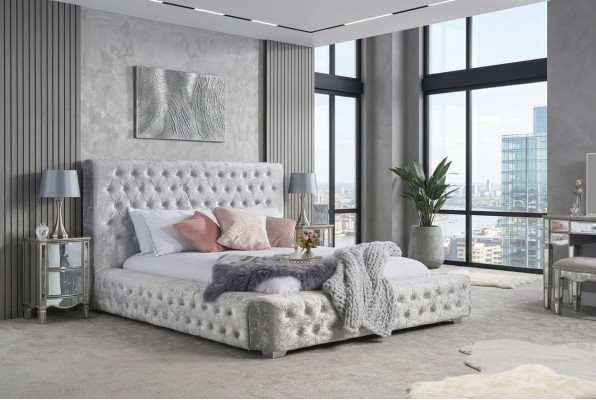 Gray Chesterfield bed with high headboard designer double bed