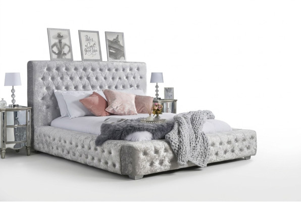 Gray Chesterfield bed with high headboard designer double bed