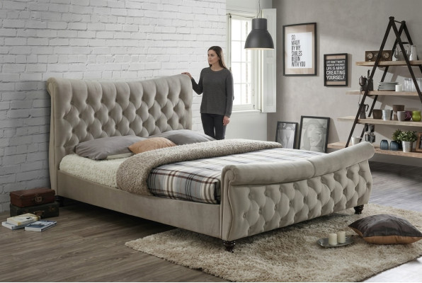 Chesterfield Textile Upholstered Bed Designer Beds Beige Hotel Double Bedroom