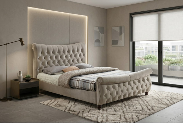 Chesterfield Textile Upholstered Bed Designer Beds Beige Hotel Double Bedroom