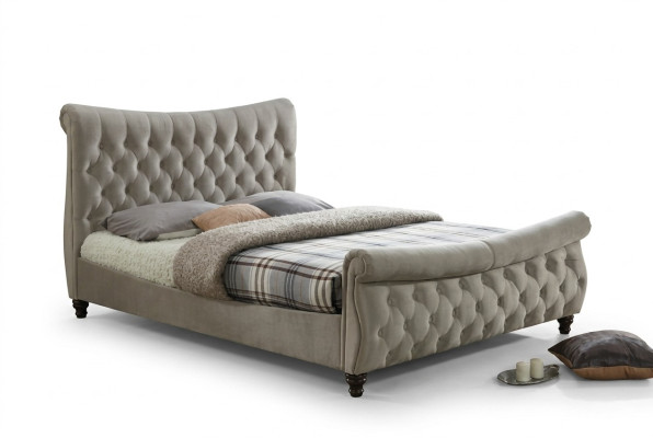 Chesterfield Textile Upholstered Bed Designer Beds Beige Hotel Double Bedroom