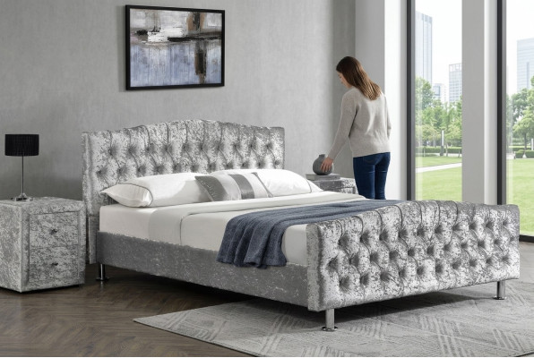 Chesterfield upholstered gray luxury double bed bedroom designer beds
