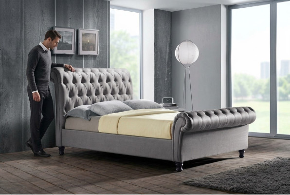 Gray Chesterfield Double Leather Bed Bedroom Upholstered Designer Luxury Bed