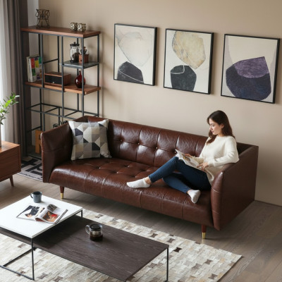 Brown Chesterfield Luxury 3-Seater Leather Living Room Sofa