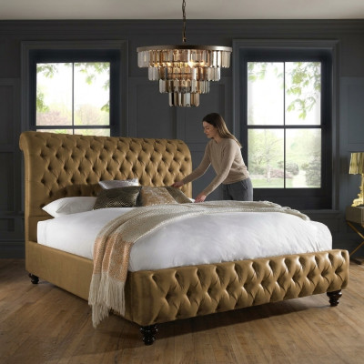 Gold luxury velvet textile England bed double design Chesterfield 160x200cm beds