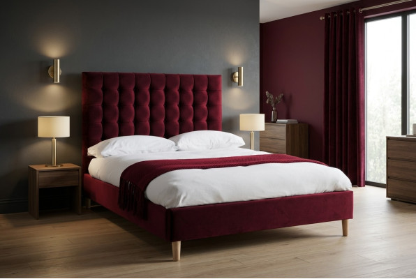Red luxury velvet textile bed double design Chesterfield 180x200cm beds new