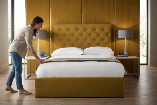 English Chesterfield bed designer upholstered bed frame textile fabric gold